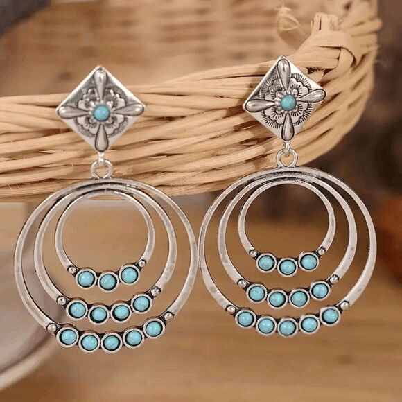 Western Round Geometric Silver Turquoise Dangle Earrings - Picture 1 of 5